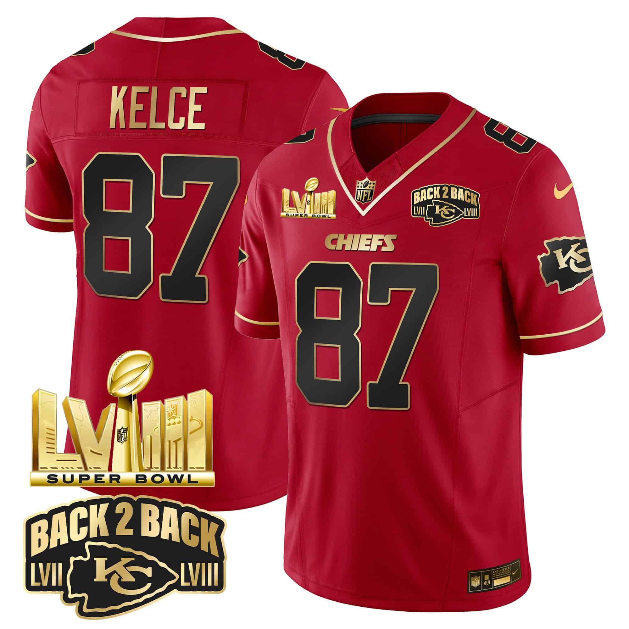 Men Kansas City Chiefs #87 Kelce Red 2024 Nike Super Bowl LVIII & Back-2-Back Gold Patch Vapor NFL Jersey style 2->indianapolis colts->NFL Jersey